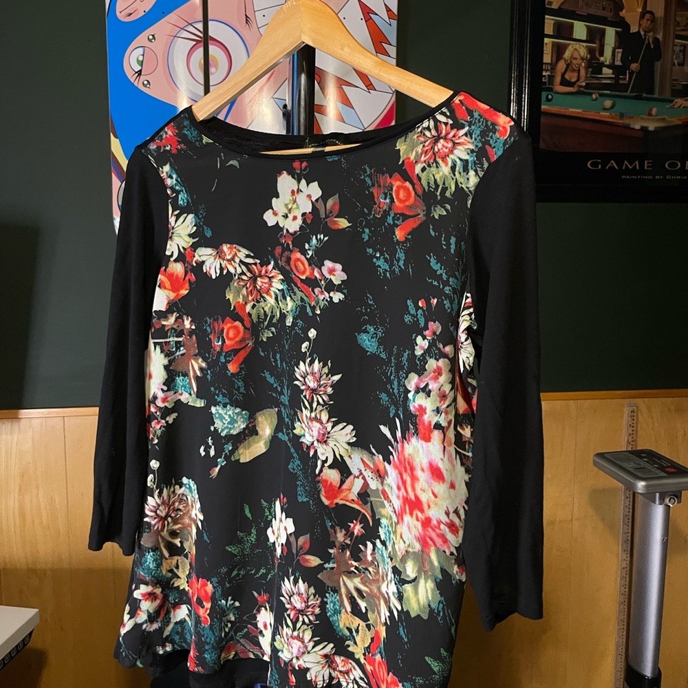 i jeans by Buffalo Black Floral 3/4 Sleeve Tunic woman size small